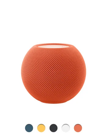 HomePod mini, orange color, spherical body wrapped in mesh fabric, flat top, available colors: blue, yellow, midnight, white, and orange