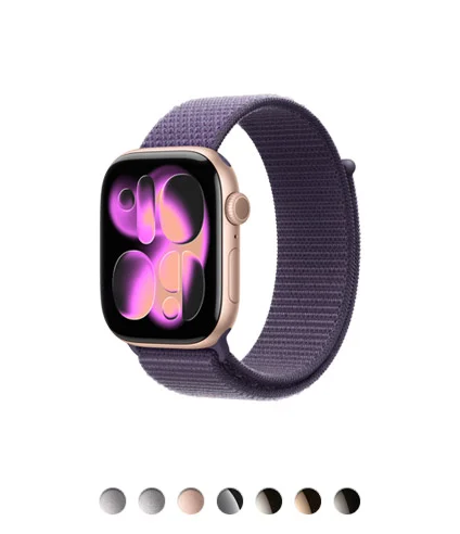 Apple Watch Series 11, rose gold color aluminum case, purple fog color Sport band, Digital Crown, available colors: space gray, silver, rose gold, jet black, natural, gold, and slate