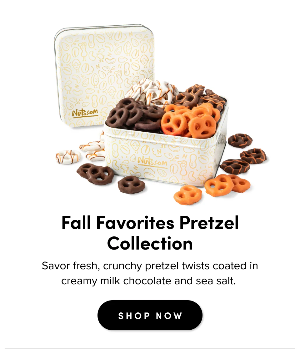 For casual gatherings Fall Favorites Pretzel Collection Savor fresh, crunchy pretzel twists coated in creamy milk chocolate and sea salt.&nbsp; SHOP NOW