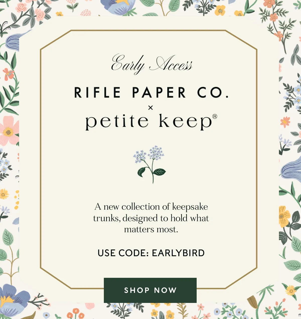 Eaily Access RIFLE PAPER CO. petite keep® A new collection of keepsake trunks, designed to hold what matters most. USE CODE: EARLYBIRD SHOP NOW