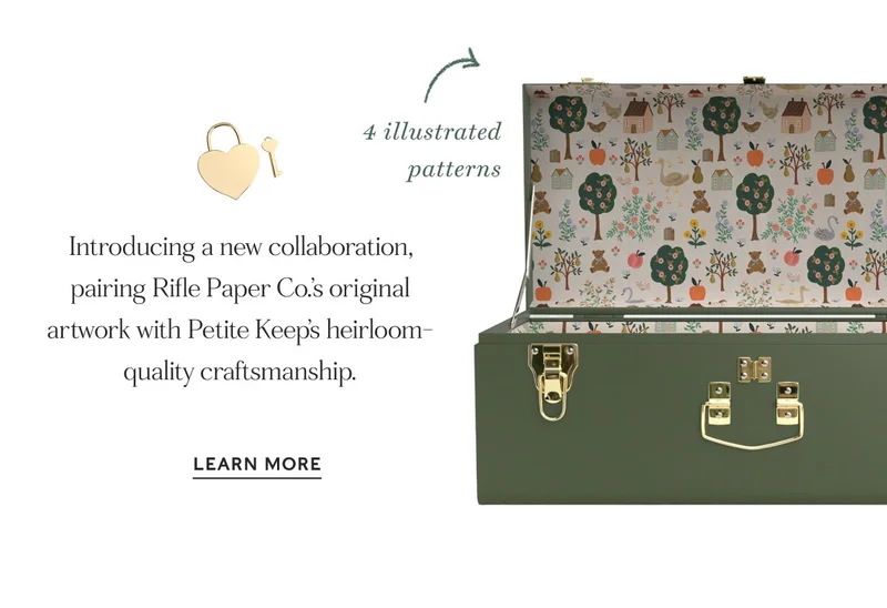 Introducing a new collaboration, pairing Rifle Paper Co.’s original artwork with Petite Keep’s heirloom-quality craftsmanship. Learn More