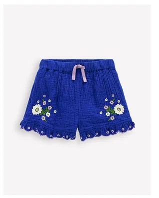 Double Cloth Frill Hem Shorts Bright Blue Embroidered