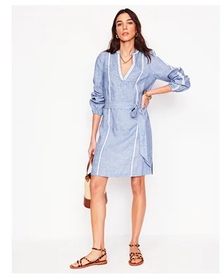 Cleo Linen Tie Waist Dress Chambray Embroidery
