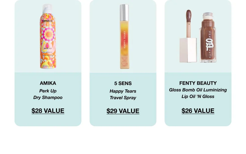 AMIKA - Perk Up Dry Shampoo - $28 VALUE | 5 SENS - Happy Tears Travel Spray - $29 VALUE | FENTY BEAUTY - Gloss Bomb Oil Luminizing Lip Oil 'N Gloss - $26 VALUE