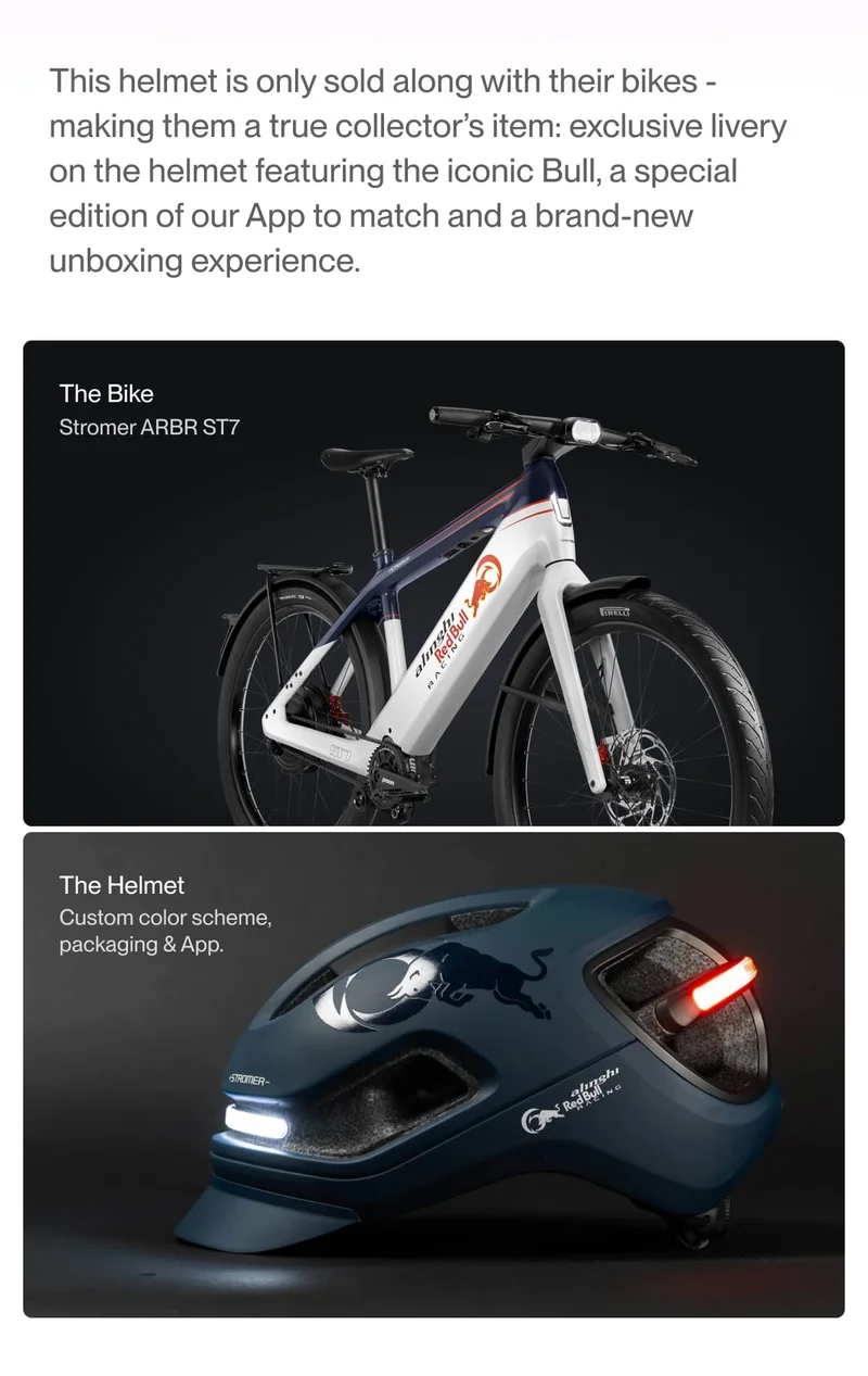 Close-up of the Stromer ARBR ST7 bike and the custom-designed helmet featuring Alinghi Red Bull Racing livery.