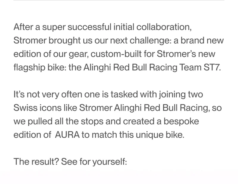 Detailed description of the collaboration between Stromer and Alinghi Red Bull Racing, highlighting unique helmet features.