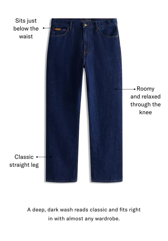 Sits just below the waist. Classic straight leg. A deep, dark wash reads classic and fits right in with almost any wardrobe.