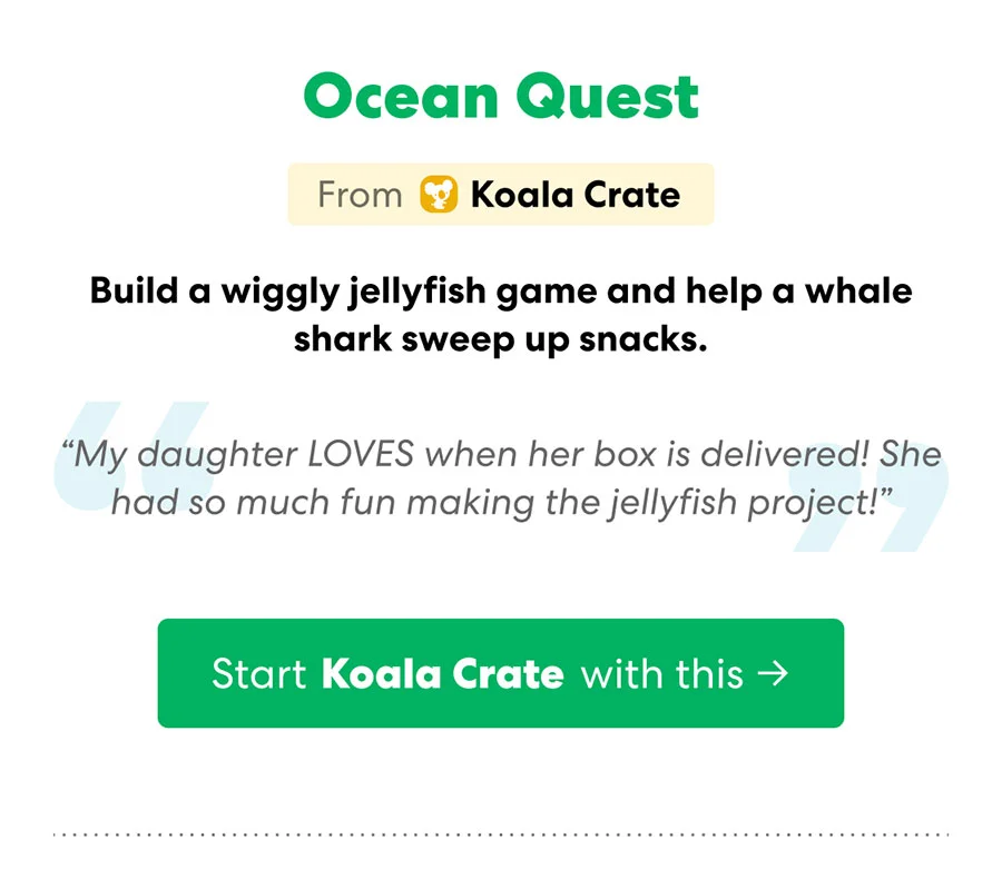 Start your Koala Crate subscription with Ocean Quest: build a wiggly jellyfish and help a whale shark sweep up snacks.
