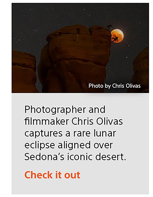 Photo by Chris Olivas | Photographer and filmmaker Chris Olivas captures a rare lunar eclipse aligned over Sedona’s iconic desert. Check it out