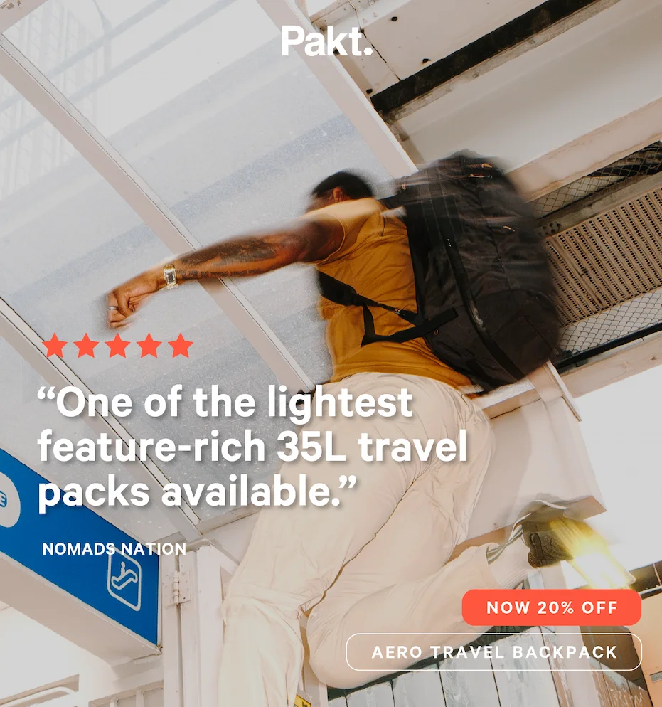 Pakt. The Aero Travel Backpack, now 20% off.