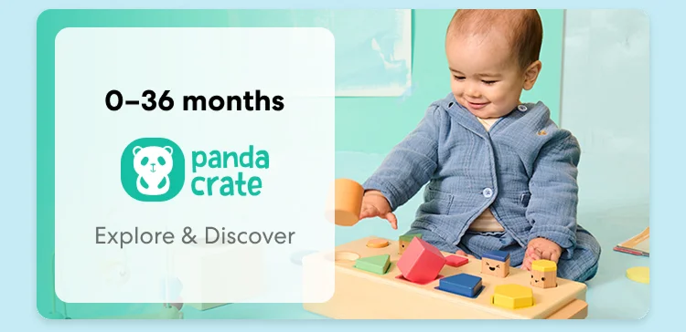 Baby playing with KiwiCo Panda crate toy. Designed for ages 0-36 months to explore and discover.