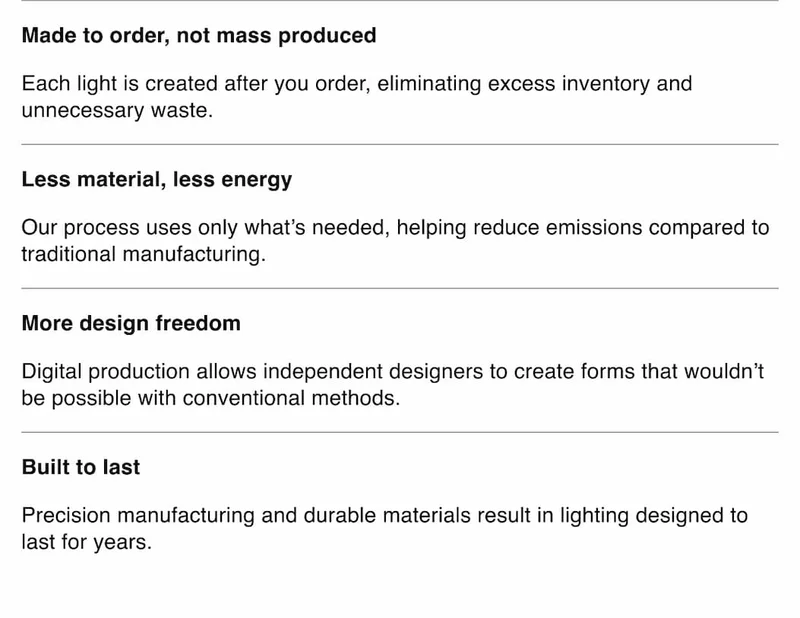 Made to order, not mass produced | Less material, less energy | More design freedom | Built to last