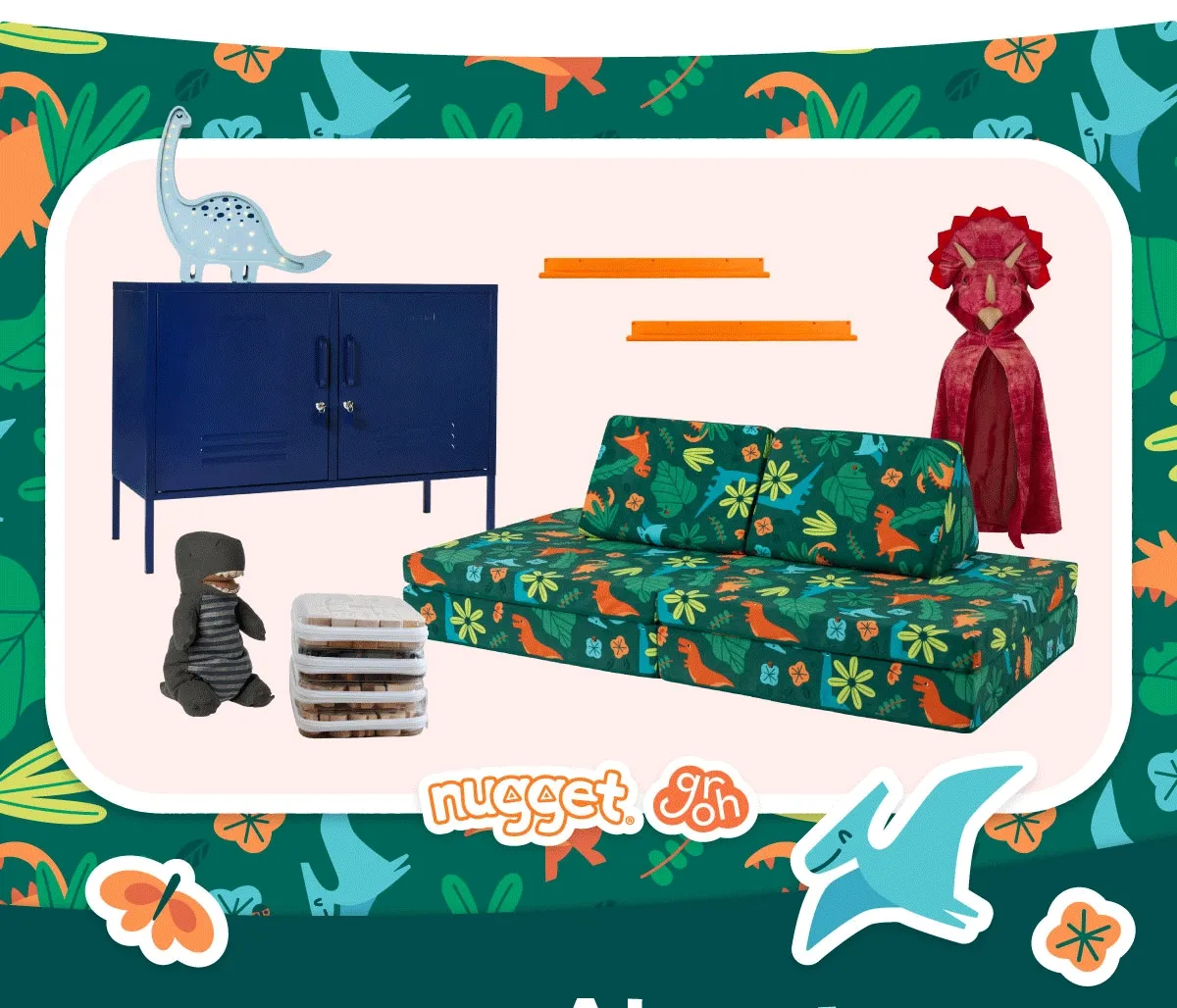 A playful dinosaur-themed collage featuring a blue cabinet with a toy dinosaur on top, a red dinosaur costume, two orange shelves, a small plush dinosaur, stacked toy bins, and a Fossil Nugget