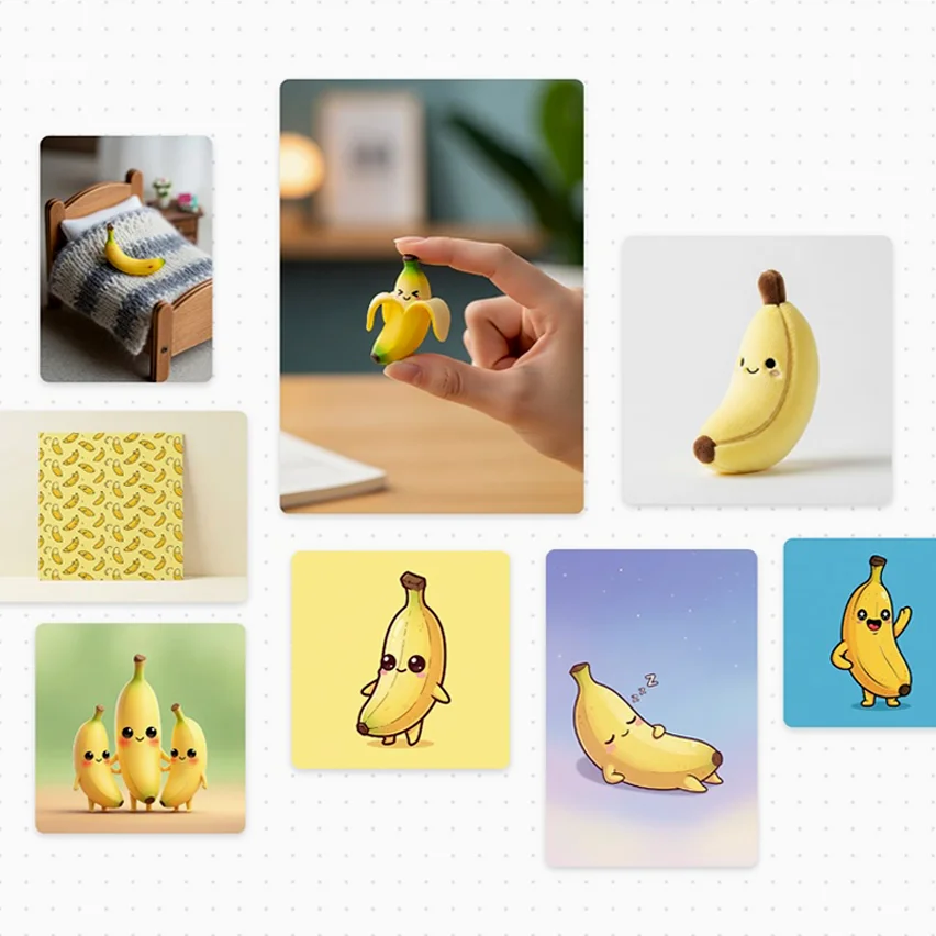 A collage of photos featuring cute, anthropomorphic banana toys and figurines.