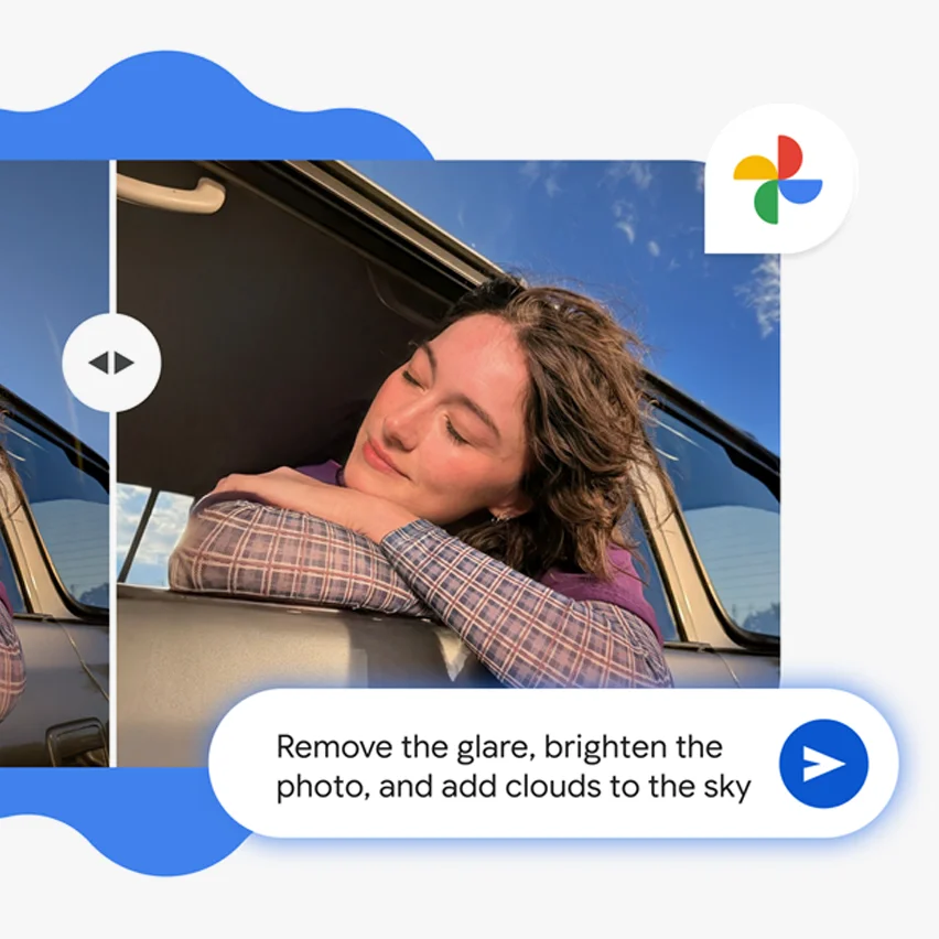 The Google Photos app interface showing a photo of a person in a car with a prompt to remove glare and brighten the photo.