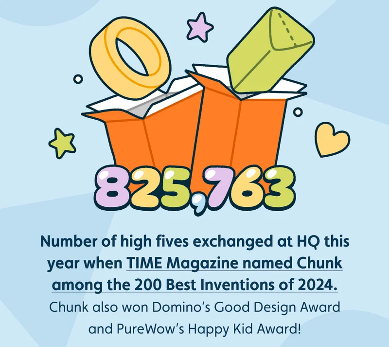 825,763: Number of high fives exchanged at HQ this year when TIME Magazine named Chunk among the 200 Best Inventions of 2024. Chunk also won Domino’s Good Design Award and PureWow’s Happy Kid Award!