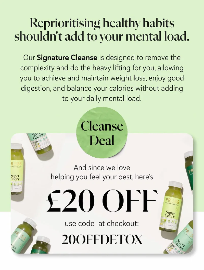 Sticking to a healthy diet shouldn’t add to your mental load.   Our Signature Cleanse is designed to remove the complexity and do the heavy lifting for you, allowing you to achieve and maintain weight loss, enjoy good digestion, and balance your calories without adding to your daily mental load.