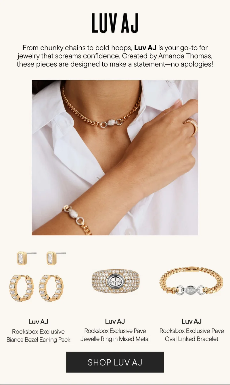 LUV AJ. From chunky chains to bold hoops, Luv AJ is your go-to for jewelry that screams confidence. Created by Amanda Thomas, these pieces are designed to make a statement - no apologies! SHOP LUV AJ