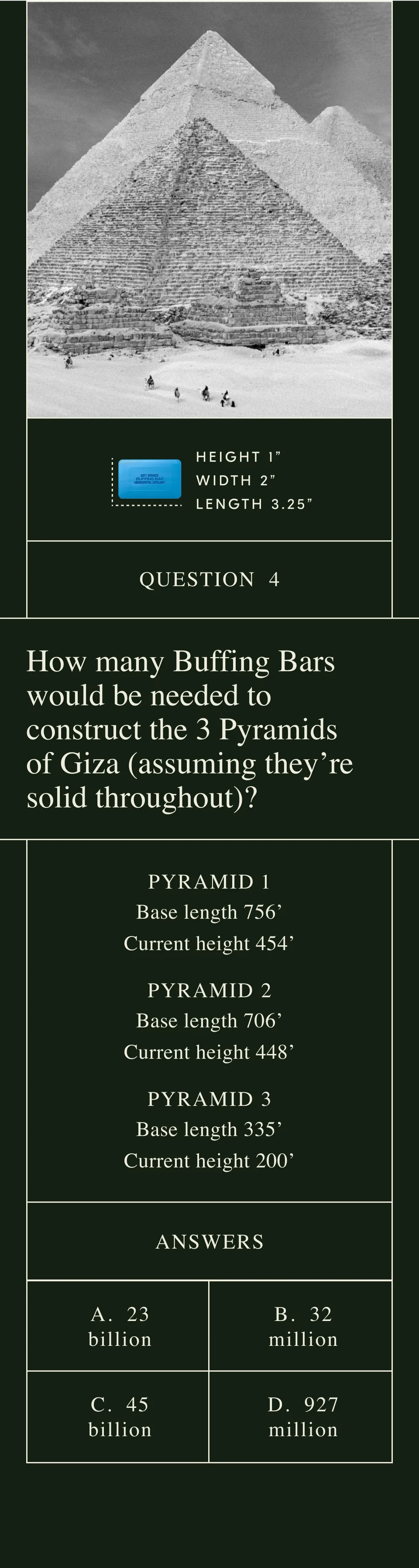 How many Buffing Bars would be needed to construct the 3 Pyramids of Giza (assuming they’re solid throughout)?