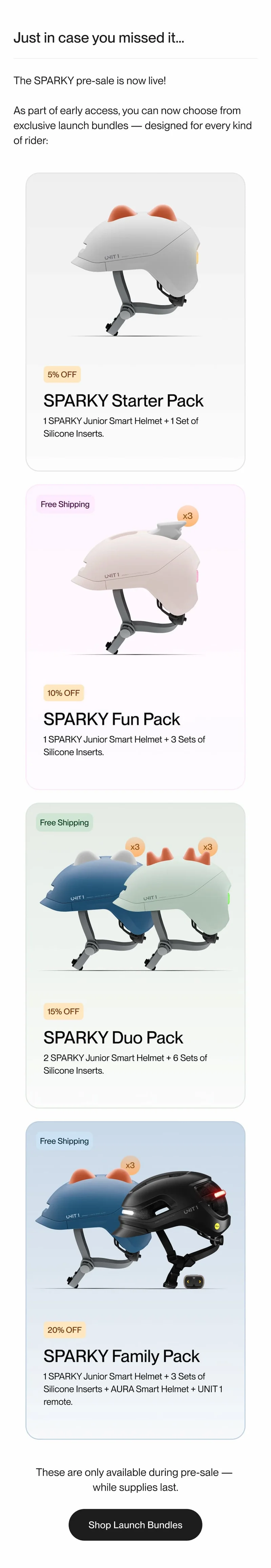 Overview of SPARKY pre-sale bundles, including Starter, Fun, Duo, and Family Packs — each with helmets, silicone inserts, and exclusive launch discounts up to 20% off. Limited availability during pre-sale only