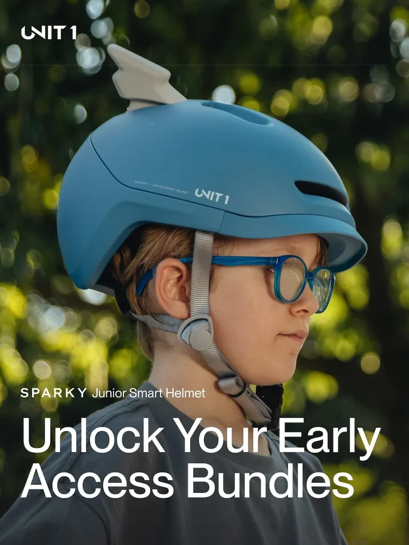 Children wearing the SPARKY Junior Smart Helmet, looking ahead with the headline: 'Unlock your early access bundles'.