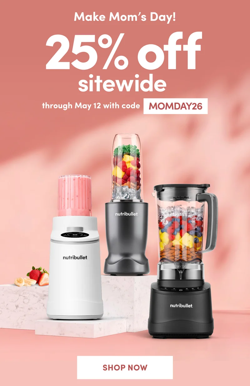 Three different nutribullet blender models arranged on white stone pedestals against a pink background, each filled with various fruits, vegetables, and nuts.