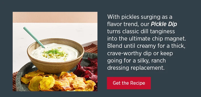 With pickles surging as a flavor trend, our Pickle Dip turns classic dill tanginess into the ultimate chip magnet. Blend until creamy for a thick, crave-worthy dip or keep foing for a silky, ranch dressing replacement.