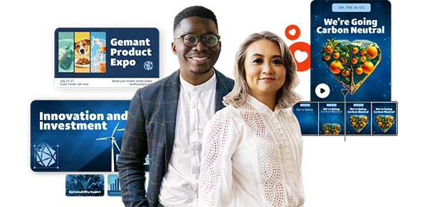 A woman and a man standing in front of a backdrop featuring promotional materials