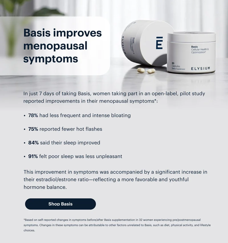 Basis improves menopausal symptoms | In just 7 days of taking Basis, women taking part in an open-label, pilot study reported improvements in their menopausal symptoms*: | • 78% had less frequent and intense bloating | • 75% reported fewer hot flashes | • 84% said their sleep improved | • 91% felt poor sleep was less unpleasant | This improvement in symptoms was accompanied by a significant increase in their estradiol/estrone ratio—reflecting a more favorable and youthful hormone balance. | Shop Basis | *Based on self-reported changes in symptoms before/after Basis supplementation in 32 women experiencing pre/postmenopausal symptoms. Changes in these symptoms can be attributable to other factors unrelated to Basis, such as diet, physical activity, and lifestyle choices.
