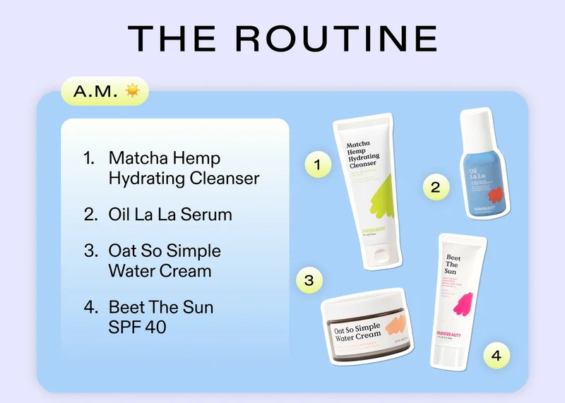 The Routine: A.M. 1. Matcha Hemp Hydrating Cleanser  2. Oil La La  3. Oat So Simple Water Cream  4. Beet The Sun SPF 40 PA