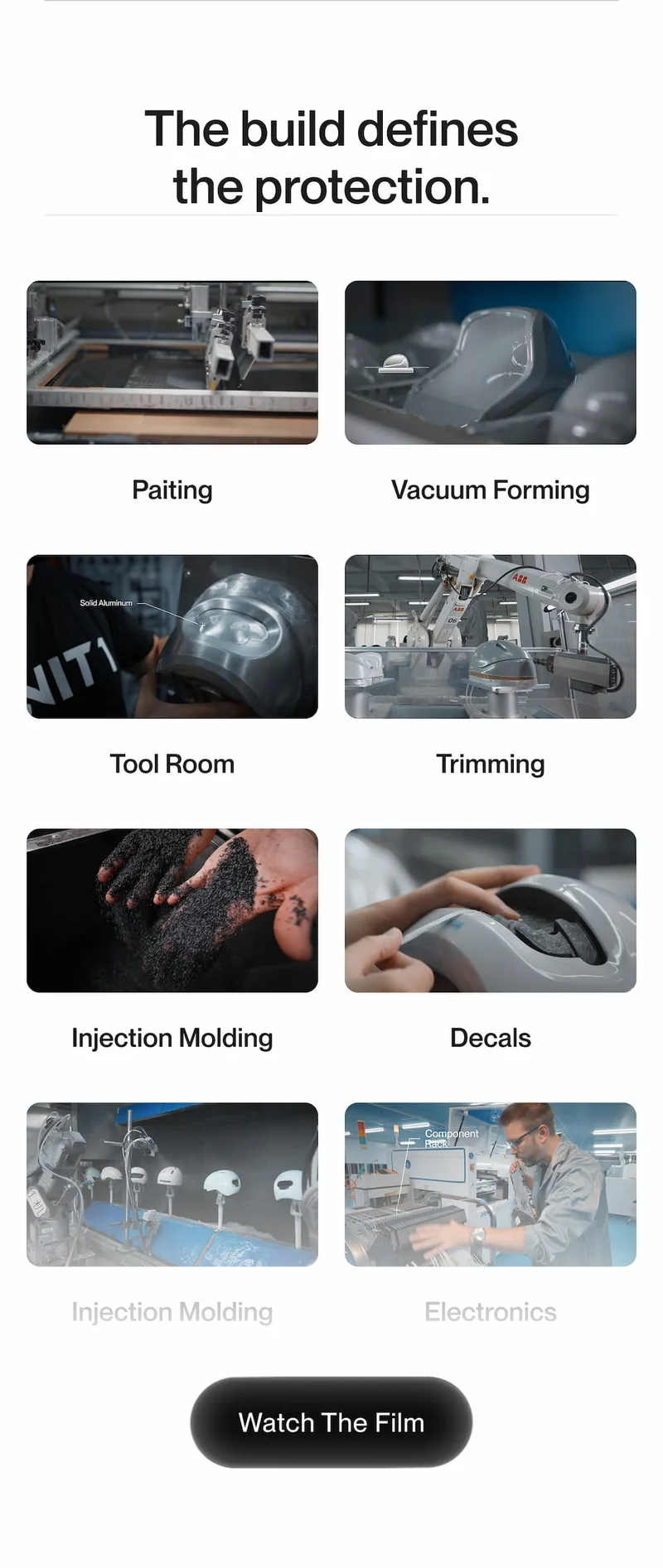 Grid of manufacturing steps including painting, vacuum forming, tool room, trimming, injection molding and electronics used to build UNIT 1 smart helmets.