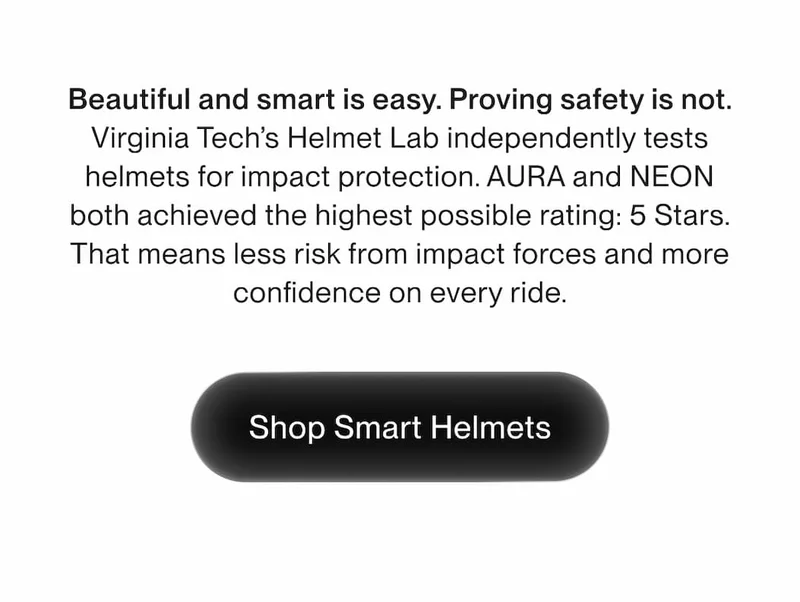 Text graphic explaining the Virginia Tech safety testing and the 5 star safety rating of AURA and NEON helmets.