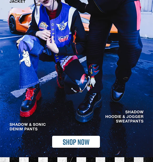 Product shown: Racing Bomber Jacket, Shadow and Sonic Denim Pants, Shadow Hoodie and Jogger Sweatpants.