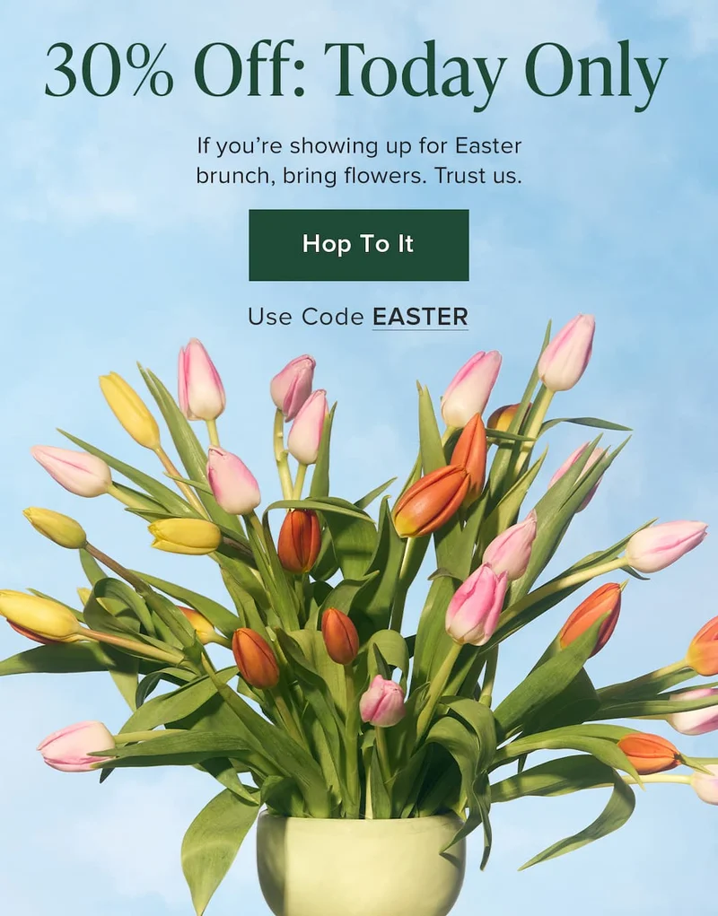 30% Off: Today Only! If you're showing up for Easter brunch, bring flowers. Trust us. Hop To It Use. Code discount code