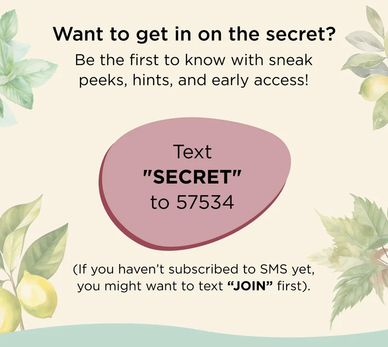 Want to get in on the secret? Be the first to know with sneak peeks, hints, and early access! - Text SECRET to 57534 - (If you haven't subscribed to SMS yet, you might want to text JOIN first).