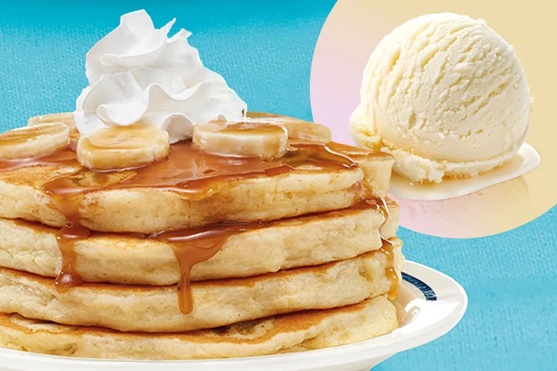 A full stack of Bananas Fosters Pancakes, topped with syrup, sliced bananas, and whipped topping, with an inset picture of a scoop of ice cream.