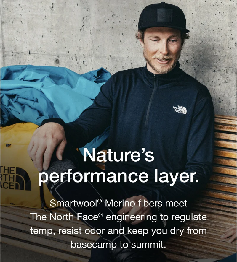 Nature's performance layer. Smartwool® Merino fibers meet The North Face® engineering to regulate temp, resist odor and keep you dry from basecamp to summit.