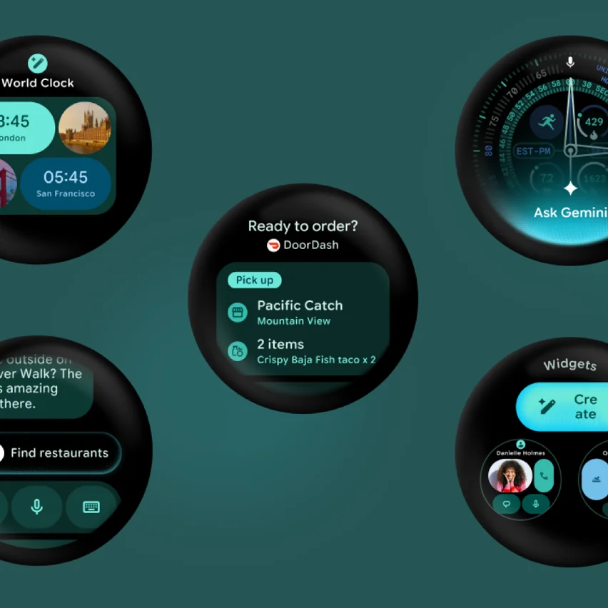 Five circular smartwatch displays showing various app interfaces on a dark green background.