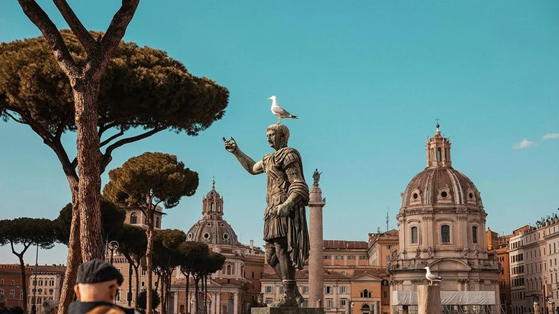 Image description: Seagull sitting on top of statue in Rome, Italy