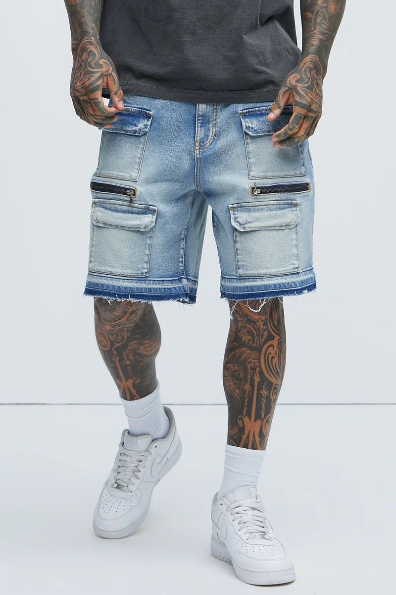 Image of Washed Utility Relaxed Denim Shorts - Medium Wash
