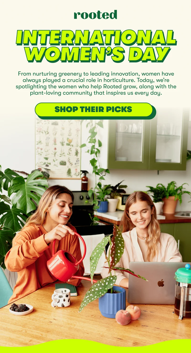International Women's Day |  From nurturing greenery to leading innovation, women have always played a crucial role in horticulture. Today, we’re spotlighting the women who help Rooted grow, along with the plant-loving community that inspires us every day. [SHOP THEIR PICKS]