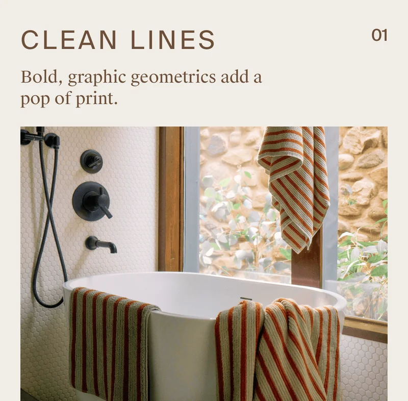 Bold graphic geometrics add a subtle pop of print.