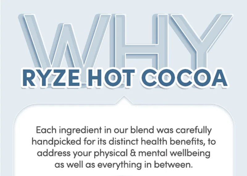 Why ryze hot cocoa | Each ingredient in our blend was carefully handpicked for its distinct health benefits, to address your physical & mental wellbeing as well as everything in between