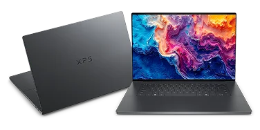 Two XPS 16 Laptop computers placed at dynamic angles next to each other.