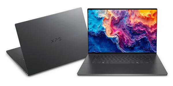 Two XPS 16 Laptop computers placed at dynamic angles next to each other.