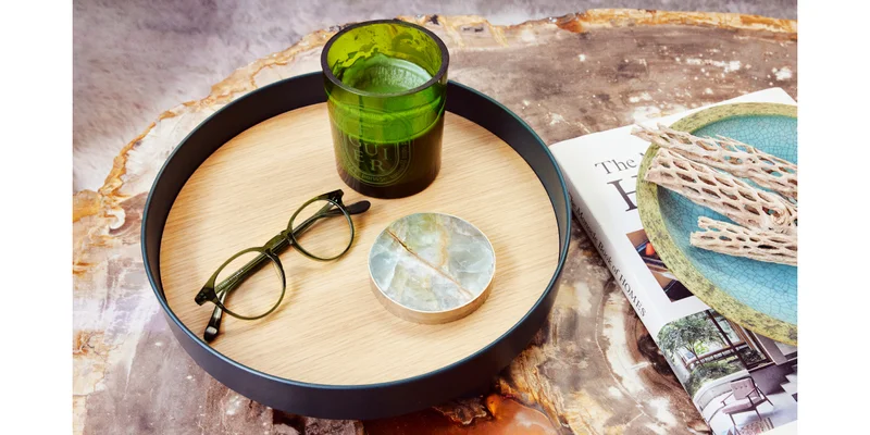 Eyeglasses on a coffee table