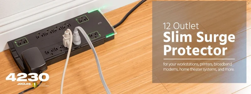 Monoprice 12 Outlet Slim Surge Protector 10ft Cord, 4230 Joules, Clamping Voltage 330V