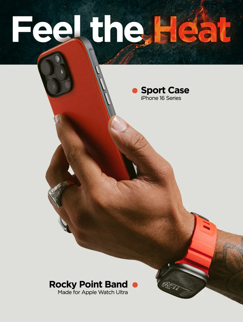 Feel the heat with Limited Edition Magma. Available for Sport Case iPhone 16 Pro and iPhone 16 Pro Max. Available in Rocky Point Band Natural Hardware and Black Hardware. Holding iPhone and Apple Watch Ultra