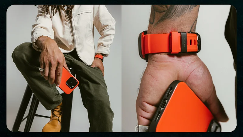 Model sitting on a chair with Magma Sport Case and Rocky Point Band. Close up shot of black titanium buckle and clasp for Rocky Point Band.