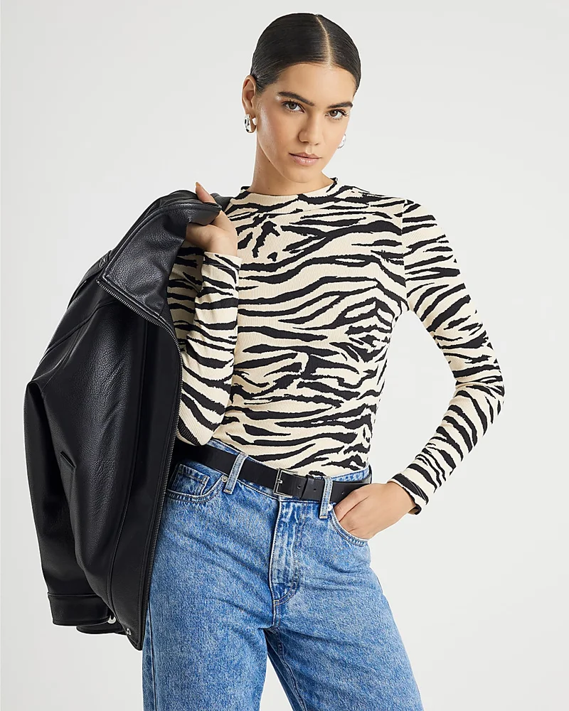 Black Long Sleeve Zebra Print Top